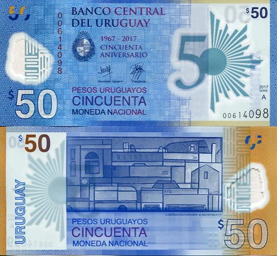 Urugwaj 50 Pesos 2017 r. Polimer UNC