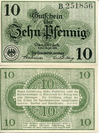 Niemcy Osnabruck 10 Pfennig 1921 r. UNC