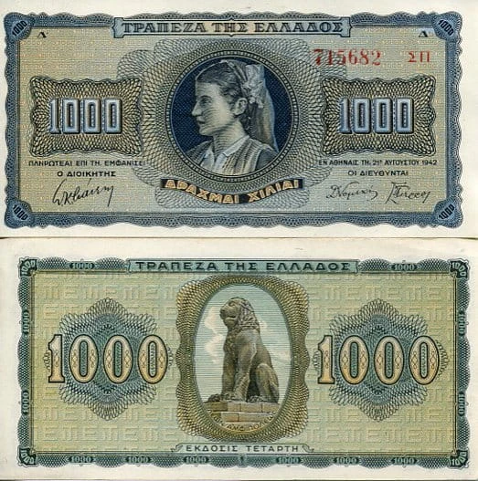 Grecja 1000 Drachm 1942 r. UNC