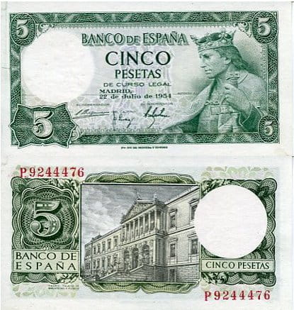 Hiszpania 5 Pesetas 1954 r. UNC