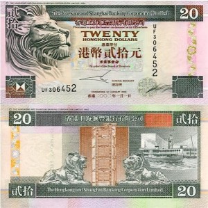 Hongkong 20 Dollars 2002 r. UNC