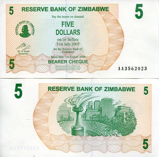 Zimbabwe 5 Dollars 2006 r. UNC
