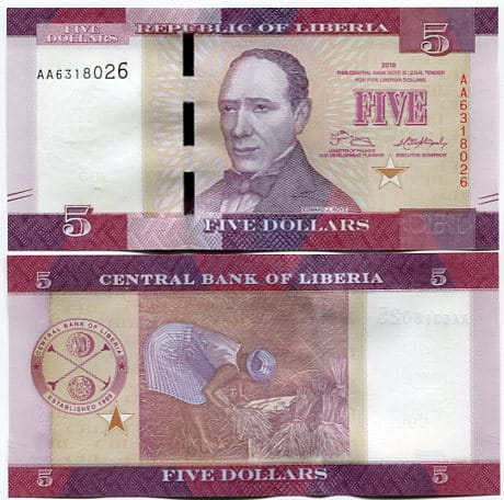 Liberia 5 Dollars 2016 r. UNC