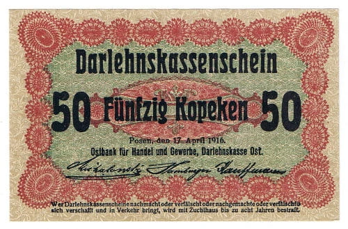 Banknot 50 Kopiejek 1916 r. Poznań