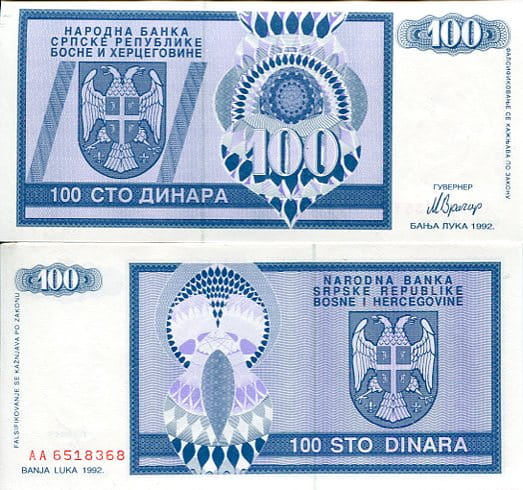 Bośnia i Hercegowina 100 Dinara 1992 r. UNC