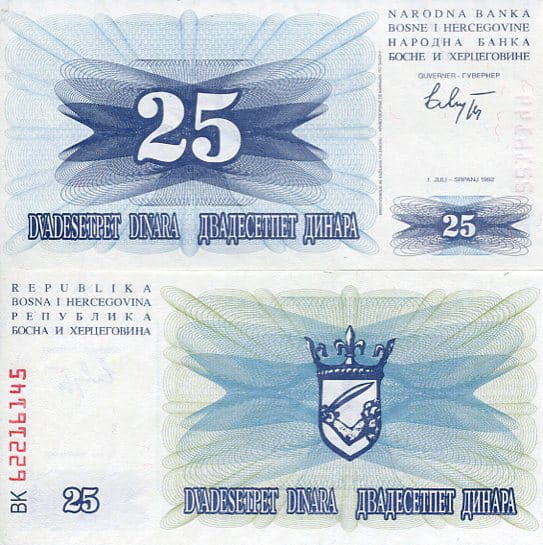 Bośnia i Hercegowina 25 Dinara 1992 r. UNC