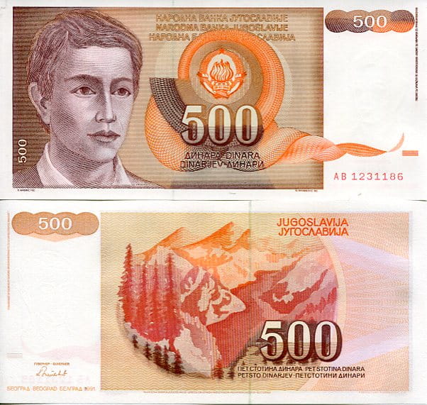 Jugosławia 500 Dinara 1991 r. UNC