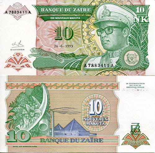 Zair 10 Makuta 1993 r. UNC