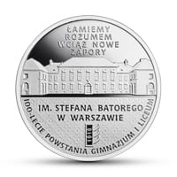10 zł Ag 100-lecie powstania Gimnazjum i Liceum im. Stefana Batorego w Warszawie 2018 r.