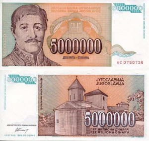 Jugosławia 5000000 Dinara 1993 r. UNC