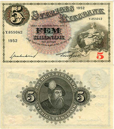 Szwecja 5 Koron 1952 r. UNC