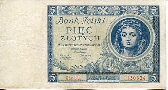 Banknot Polska 5 Złotych 1930 r. BL
