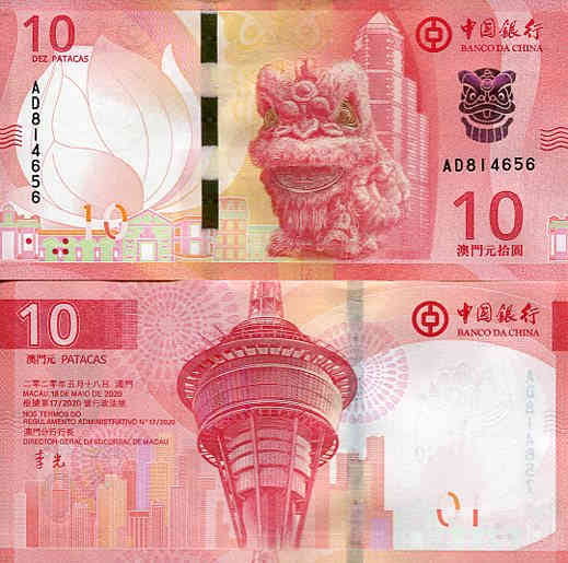 Macau 10 Patacas 2020 r. UNC Smok