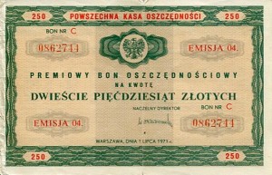 Premiowy Bon Oszczędnościowy 250 zł 1971 r.