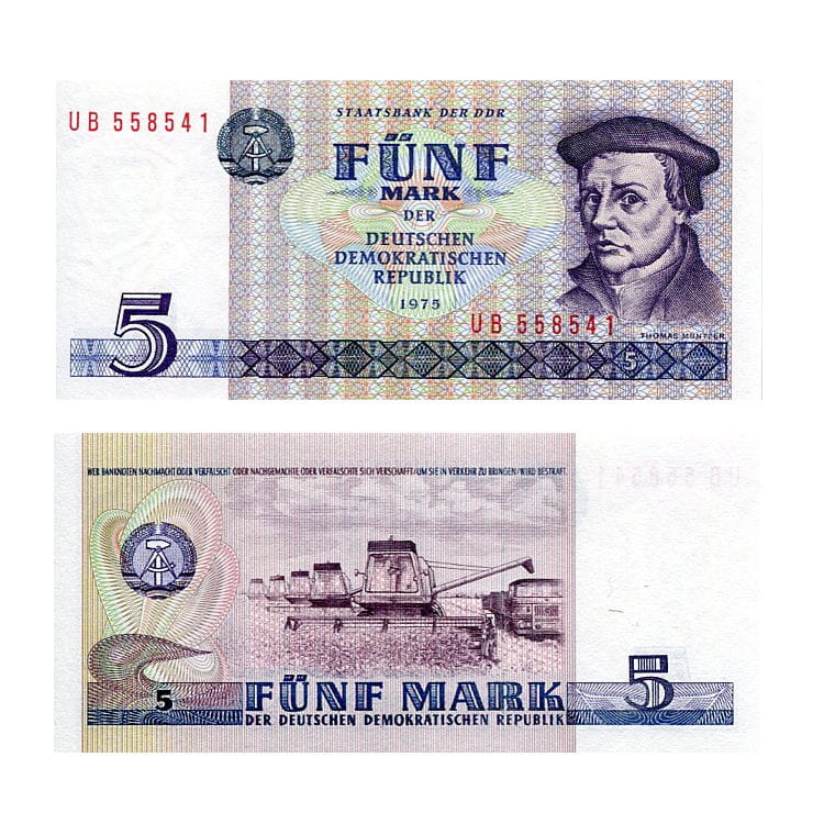 Banknot Niemcy NRD 5 Marek 1975 r. UNC