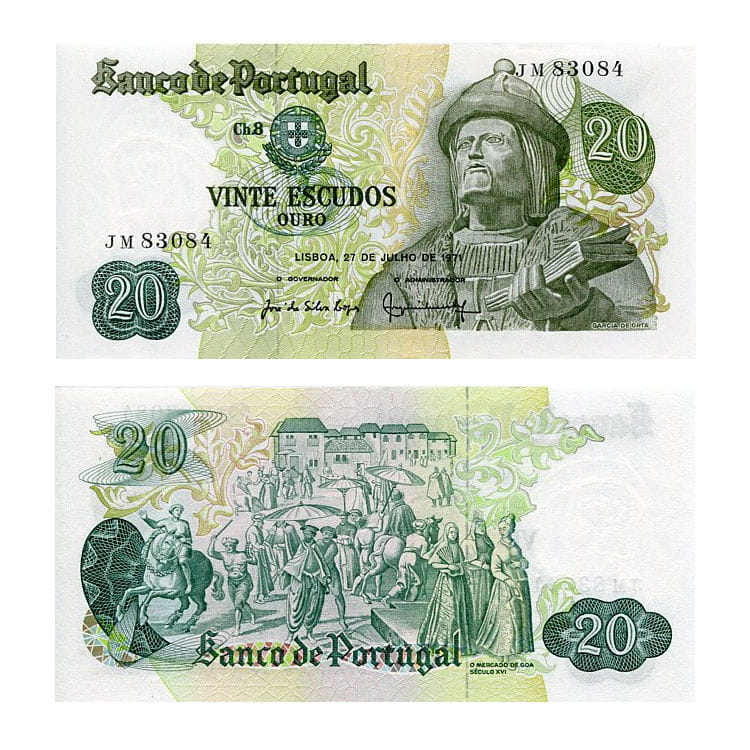 Banknot Portugalia 20 Escudos 1971 r. UNC