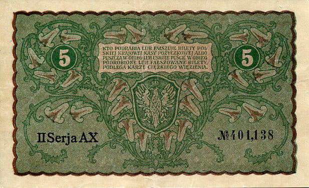 Banknot Polska 5 Marek  Polskich 1919 r. AX