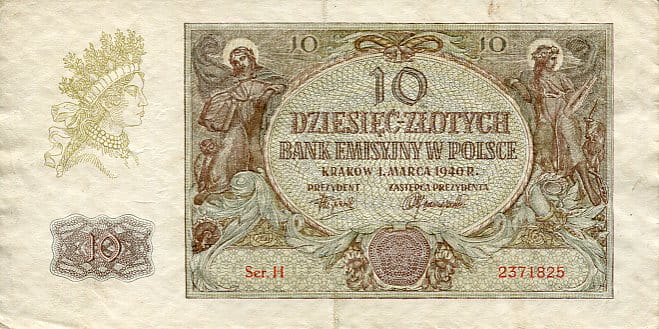 Banknot Polska 10 Złotych 1940 r. H