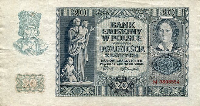 Banknot Polska 20 Złotych 1940 r. N