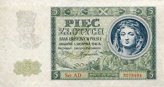 Banknot Polska 5 Złotych 1941 r. AD