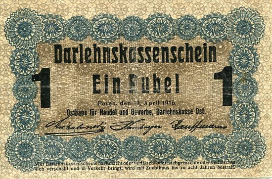 Banknot 1 Rubel 1916 r. Poznań ( Okupacja Niemiecka )