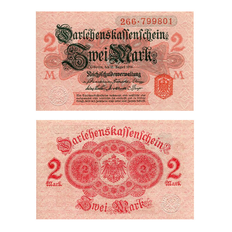 Banknot Niemcy 2 Marki 1914 r. UNC Pieczątka Czerwona