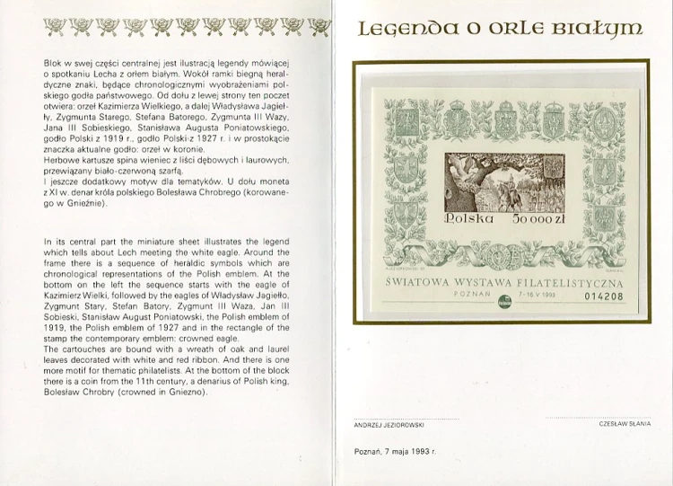 Polska Bloczek** Światowa Wystawa Filatelistyczna w Poznaniu - Legenda o Orle Białym 1993 r. karnetu z błędnym nazwiskiem projektanta Jeziorowski.
