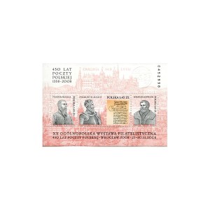 Polska Bloczek** 450 lat Poczty Polskiej 1558-2008 2008 r. nadruk "XX OGÓLNOPOLSKA WYSTAWA FILATELISTYCZNA 450 LAT POCZTY POLSKIEJ - WROCŁAW 2008 - 21-30.11.2008"