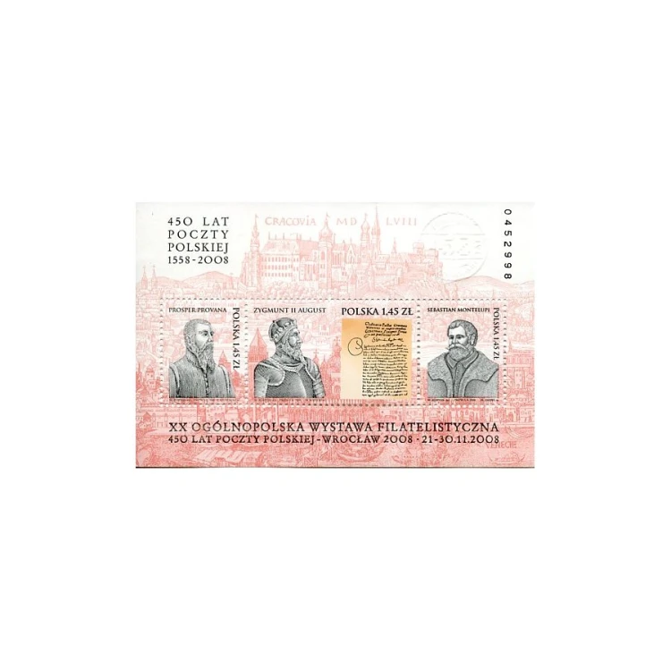 Polska Bloczek** 450 lat Poczty Polskiej 1558-2008 2008 r. nadruk "XX OGÓLNOPOLSKA WYSTAWA FILATELISTYCZNA 450 LAT POCZTY POLSKIEJ - WROCŁAW 2008 - 21-30.11.2008"