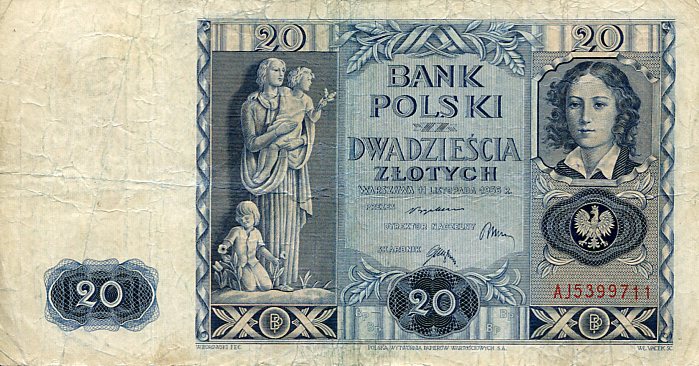 Banknot Polska 20 Złotych 1936 r. AJ