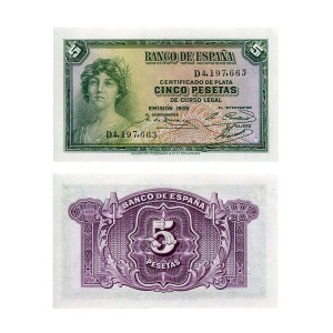 Banknot Hiszpania 5 Pesetas 1935 r. UNC
