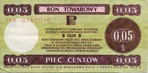 Bon Towarowy Pekao 5 Centów 1979 r.