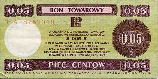 Bon Towarowy Pekao 5 Centów 1979 r.