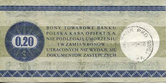 Bon Towarowy Pekao 20 Centów 1979 r.