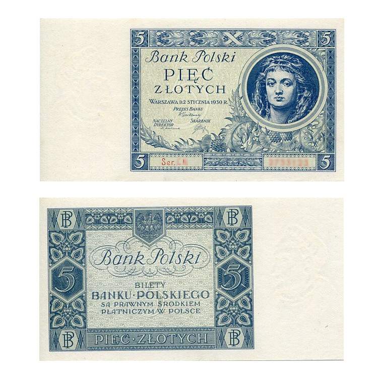 Banknot Polska 5 Złotych 1930 r. UNC