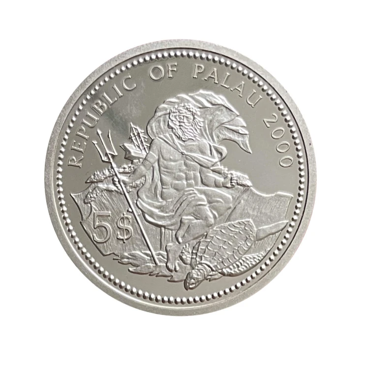 Palau 5 Dollars 2000 r. Ag Skrzydlica i Papugoryba Awers