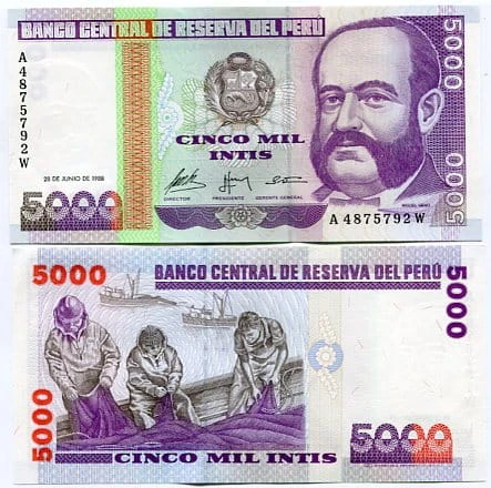Peru 5000 Soles 1988 r. UNC