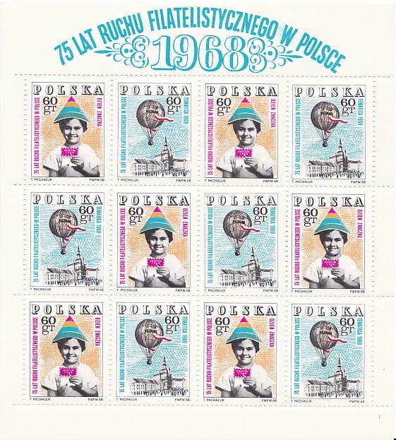 Bloczek 1968 r. 75lat ruchu filatelistycznego w Polsce
