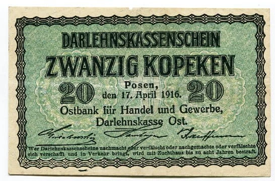 Banknot 20 Kopiejek 1916 r. Poznań