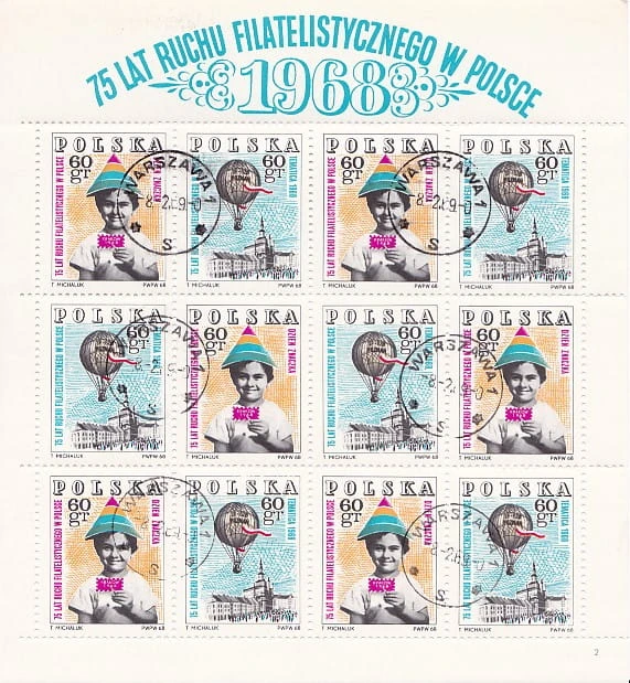 Znaczki 1968 r. 75lat ruchu filatelistycznego w Polsce