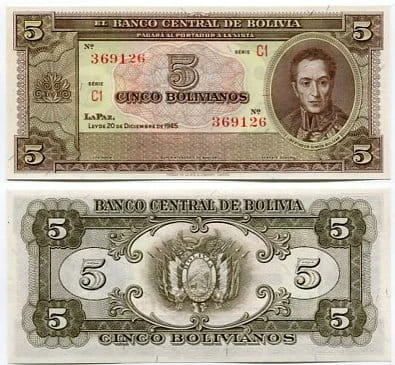 Boliwia 5 Bolivianos 1945 r. UNC 