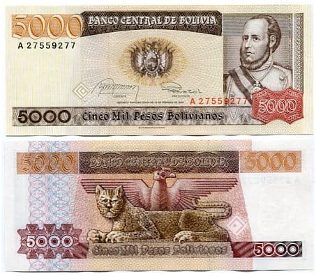 Boliwia 5000 Bolivianos 1984 r. UNC 