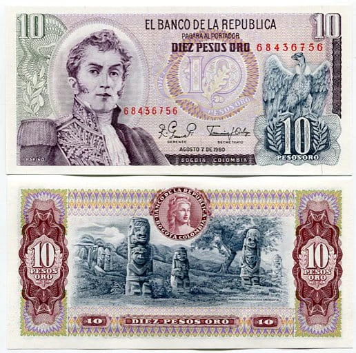 Kolumbia 10 Pesos 1980 r. UNC