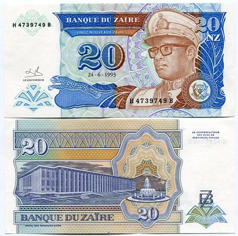 Zair 20 Zaires 1993 r. UNC