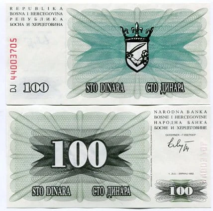 Bośnia i Hercegowina 100 Dinara 1992 r. UNC