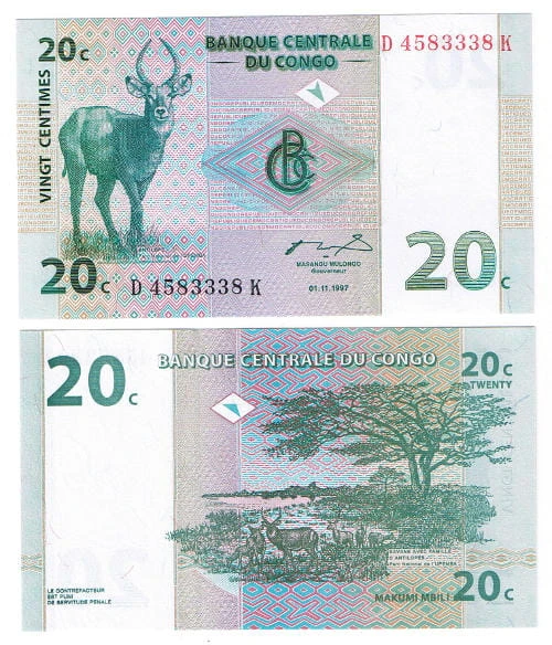 Kongo 20 Centime 1997 r. UNC 