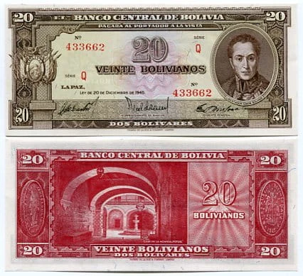 Boliwia 20 Bolivianos 1945 r. UNC