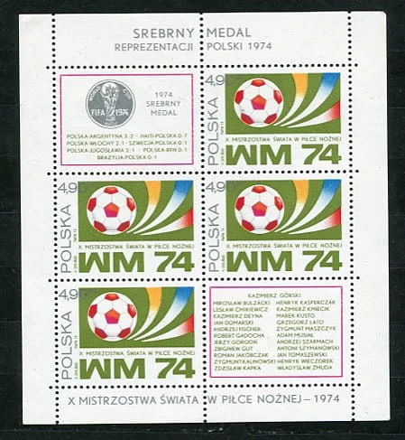Znaczki 1974 r. Srebrny medal reprezentacji Polski na MŚ w piłce nożnej