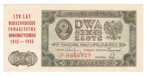 Banknot 2 zł 1948 r. Stan 1/1- Nadruk