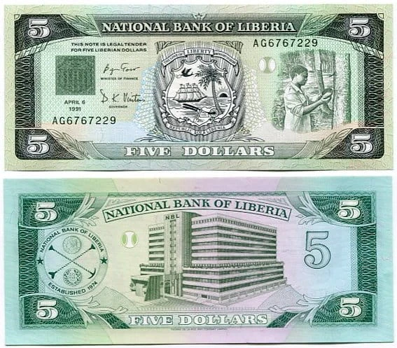 Liberia 5 Dollars 1991 r. UNC